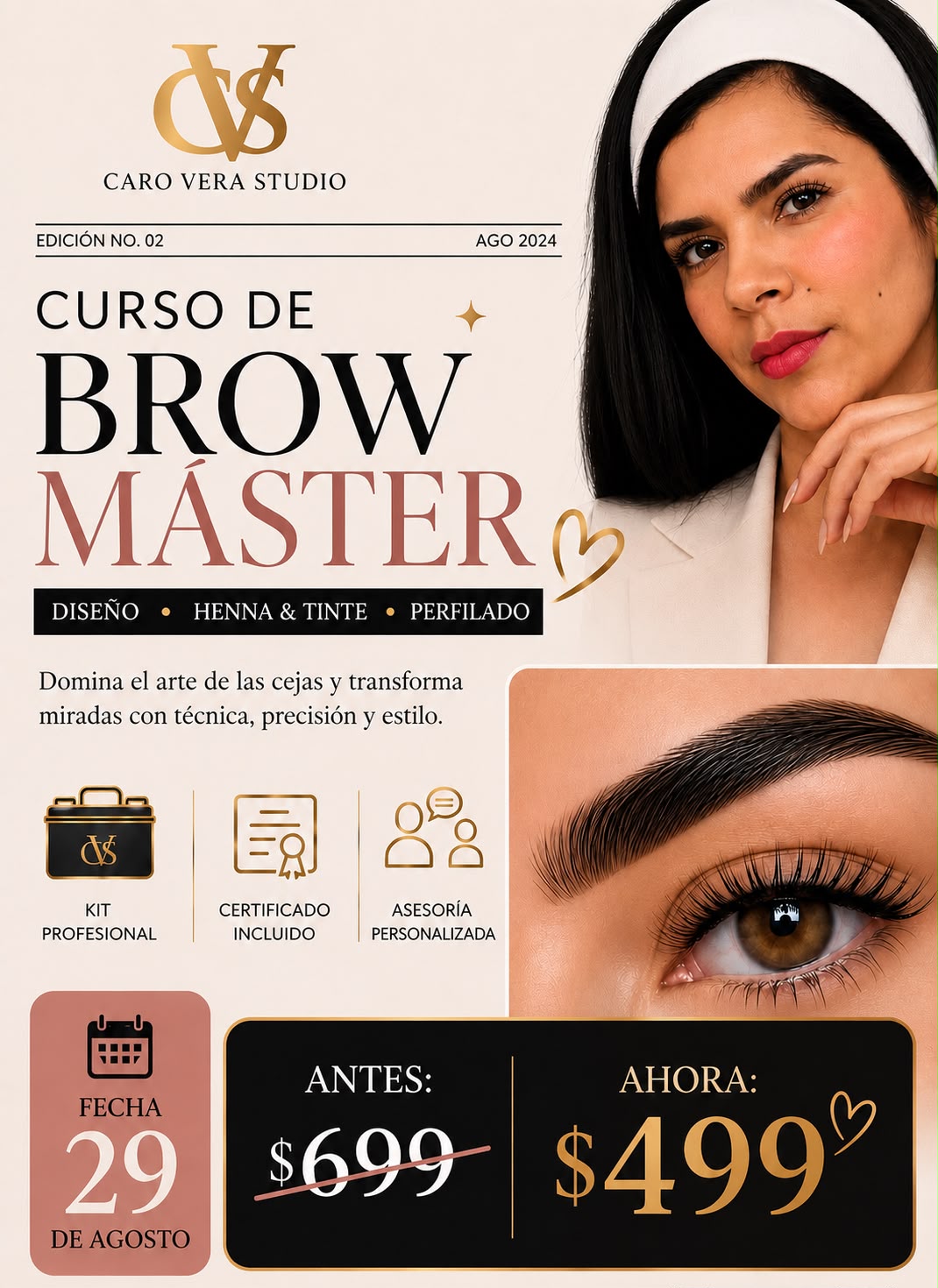 Práctica de diseño de cejas durante la Brow Masterclass de Caro Vera Academy