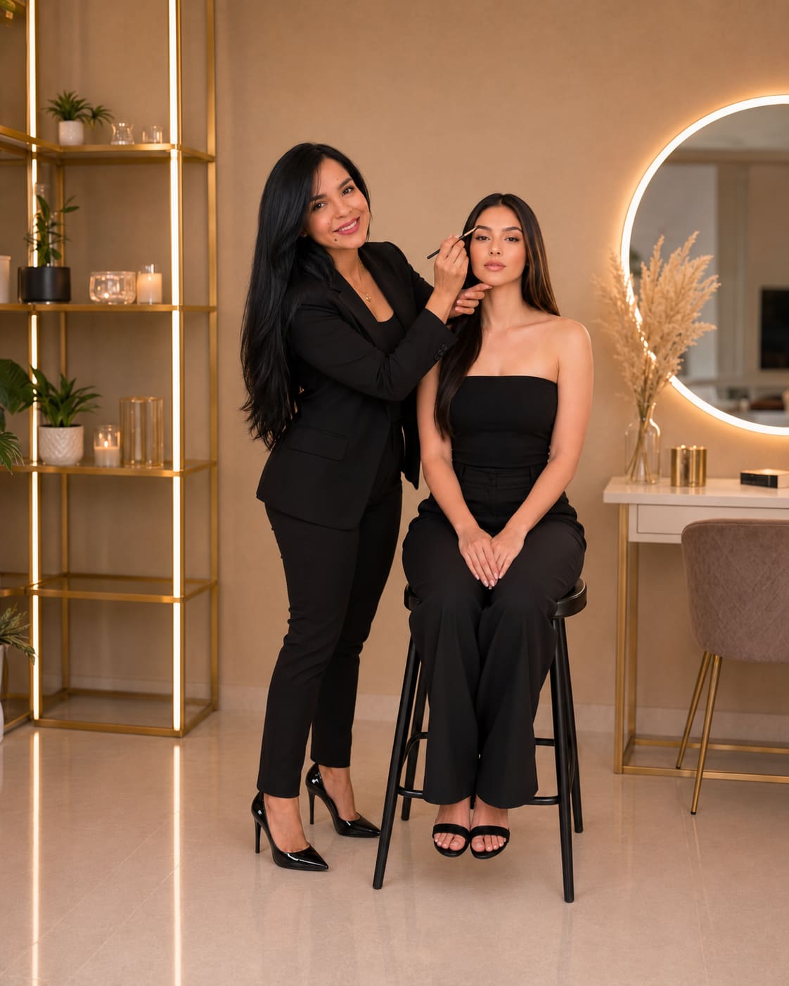 Caro Vera enseñando una técnica profesional de belleza a una estudiante